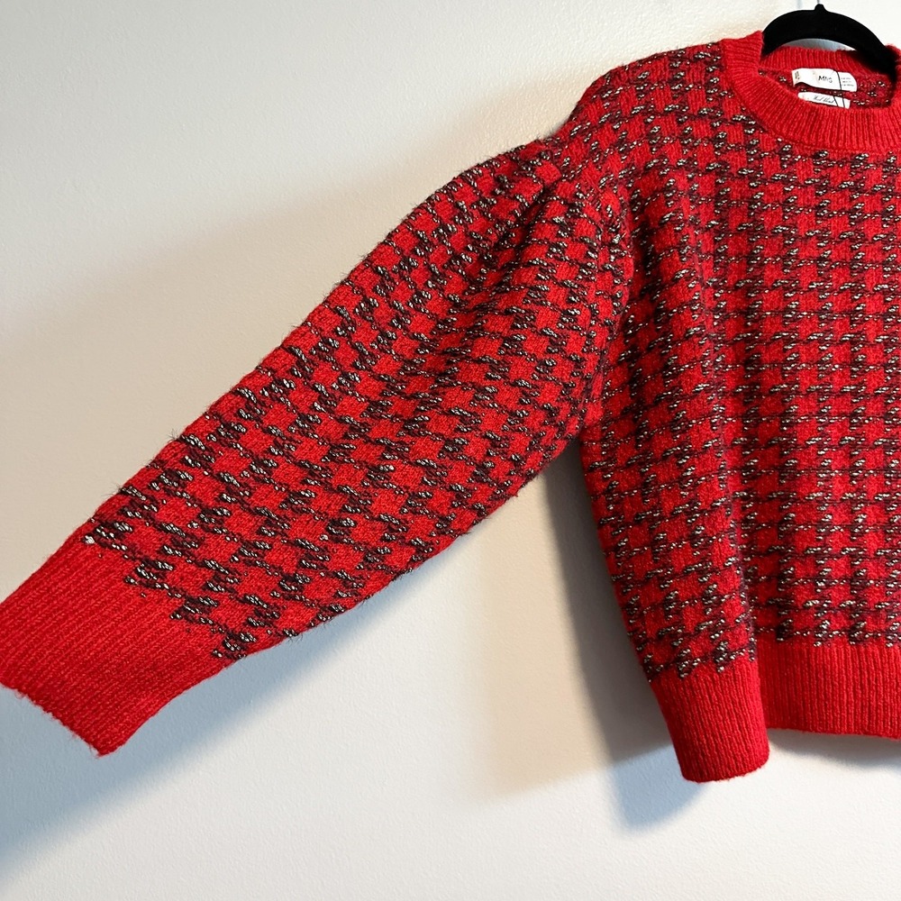 MNG Mango Houndstooth Wool Blend Knit Sweater Size S Red Black Metallic - Picture 9 of 13